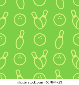 Seamless bowling vector pattern. Sport background. Logo template. Bowling club, tournaments. Sport icon. Backdrop skittles with ball. Bowling pins with ball icon. Bowling game. 