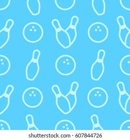 Seamless bowling vector pattern. Sport background. Bowling club, tournaments. Sport icon. Backdrop skittles with ball. Bowling pins with ball icon. Bowling game. Wrapping paper.