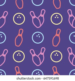 Seamless bowling vector pattern. Sport background. Bowling club, tournaments. Sport icon. Backdrop skittles with ball. Bowling pins with ball icon. Bowling game. Wrapping paper.