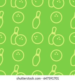 Seamless bowling vector pattern. Sport background. Bowling club, tournaments. Sport icon. Backdrop skittles with ball. Bowling pins with ball icon. Bowling game. Wrapping paper.