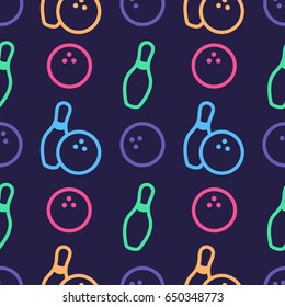 Seamless bowling vector pattern. Sport background. Bowling club, tournaments. Sport icon. Backdrop skittles with ball. Bowling pins with ball icon. Bowling game. Wrapping paper.