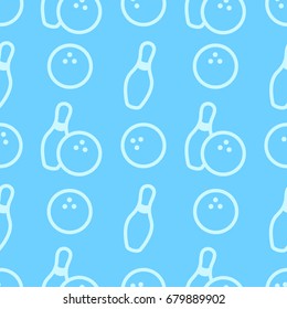 Seamless bowling vector pattern. Sport background. Bowling club, tournaments. Sport icon. Backdrop skittles with ball. Bowling pins with ball icon. Bowling game. Wrapping paper.