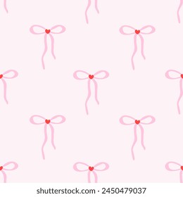 Seamless bows with little hearts in cartoon style. Cute trendy design. Vector funky illustration. Ballet-core, coquette-core background.