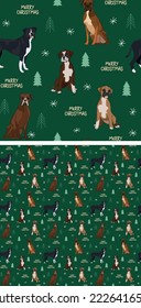 Seamless Boxer dog pattern, holiday texture. Square format, t-shirt, poster, packaging, textile, textile, fabric, decoration, wrapping paper. Trendy hand-drawn dogs wallpaper. Holiday background.