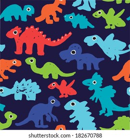 Seamless boy grunge style dinosaur illustration in raw paint background pattern in vector