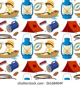 Seamless boy rowing boat and camping gears illustration