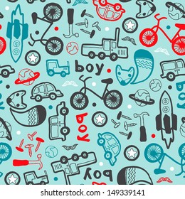 Seamless boys bike and car icon illustration background pattern in vector