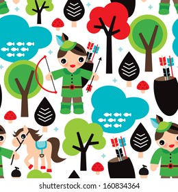 Seamless Boys Fairy Tale Robin Hood Illustration Background Pattern In Vector