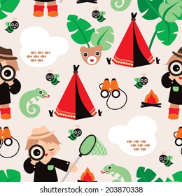 Seamless boys jungle safari adventure background pattern illustration in vector