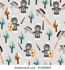 Seamless boys kids little knights and horses fun prince theme black mint gray and orange illustration background pattern in vector