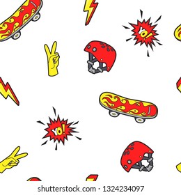 Seamless boy's pattern with hand drawn skate , helmet , zipper . Vector background