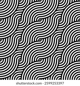 Seamless braided monochrome wavy pattern. Vector geometric abstract background. Modern linear texture.
