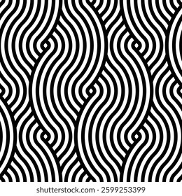 Seamless braided monochrome wavy pattern. Vector geometric abstract background. Modern linear texture.