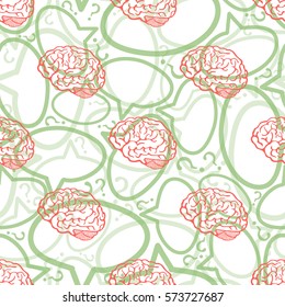 seamless brain, text frame and question mark pattern background
