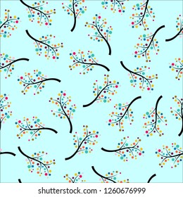 Seamless of branch with circle leaf pattern on blue background for paper print, background product or ornament business, fabric texture.  Vector design.