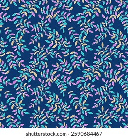 seamless branch pattern with colored yellow and pink leaves on a blue background summer fabric