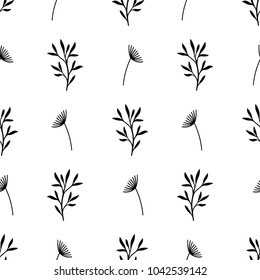 Seamless branch pattern. Flat botanical ornament with minimalistic elements in monochrome. Simple vector repeating texture. Modern swatch. Nature background for textile, print and any your design.