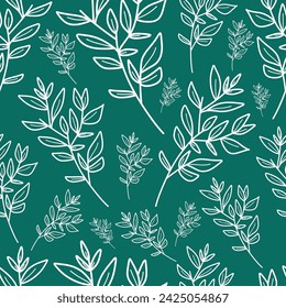 Seamless branch plant pattern on isolated dark green background. Doodle plant vector. For packaging paper, wallpaper, textiles.
