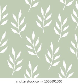 Seamless branches decorative ornamental pattern. Endless elegant vintage texture with white leaves on green background. Tempate for fabric, wallpaper, backgrounds, wrapping paper, package, covers