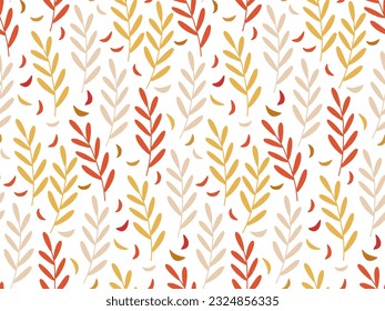 Seamless branches pattern. Autumn leaf colors paper. Vector illustration in Scandinavian doodle style. Flat repeated background for wallpaper, wrapping, packing, textile. Plant ecoprint design.