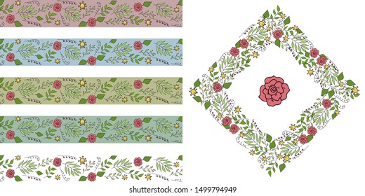 seamless brash with hand drawn flowers and leaves endless floral border doodles vector illustration