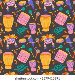 Seamless Brazilian Carnival pattern on dark background