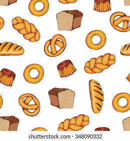 Seamless bread background on white. Hand drawn vector illustration in sketch style.