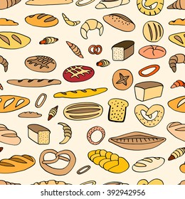 Seamless bread background on white. Hand drawn vector illustration in sketch style.