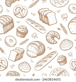 Seamless bread pattern with baked goods. Bread, toast bread, slices of bread, focaccia, baguette,cinnamon roll, croissant, muffin, breadcrumbs. Suitable for wrapping paper, background, textile 