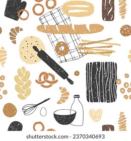 Seamless bread pattern. Hand drawing of bread, baguette, flatbread, bagels, bun.