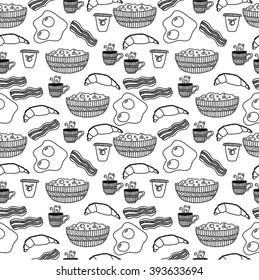 Seamless breakfast black and white pattern. Vector illustration for textile, fabric, web, wallpaper, wrapping paper design.