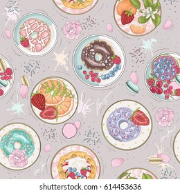 Seamless breakfast pattern with donuts, waffles, fruits, berries and coffee. Vector background with strawberries, coffee, tangerines and raspberries.