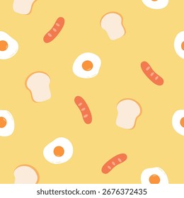 Padrão de café da manhã sem costura com ovos torrada e salsichas em fundo amarelo
