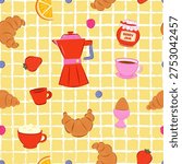 Seamless breakfast pattern featuring a variety of items such as coffee pots, croissants, jam, and fresh fruits on a yellow background with grid lines.