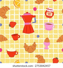 Seamless breakfast pattern featuring a variety of items such as coffee pots, croissants, jam, and fresh fruits on a yellow background with grid lines.