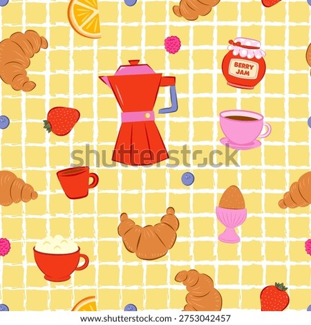 Seamless breakfast pattern featuring a variety of items such as coffee pots, croissants, jam, and fresh fruits on a yellow background with grid lines.