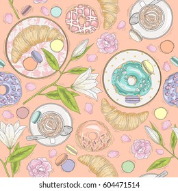 Seamless breakfast pattern with flowers, pastries and coffee. Vector background with macaroons, donuts, croissants and coffee. 