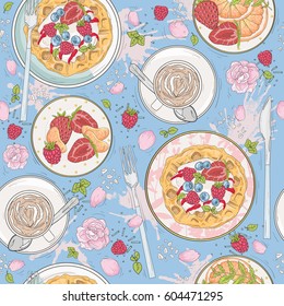 Seamless breakfast pattern with flowers, waffles, fruits, berries and coffee. Vector background with strawberries, coffee, tangerines and raspberries.