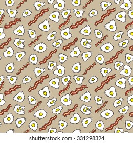 Seamless breakfast pattern with fried eggs and bacon in cartoon doodle style 2