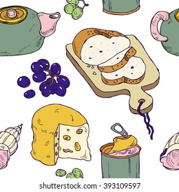 Seamless breakfast pattern with hand drawn tea, bread, cheese, pate and grapes in vector