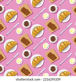Seamless breakfast pattern on a pink background. Appetizing vector illustrations of coffee, croissant, butter, bread. Simple breakfast illustrations for packaging design, postcards.