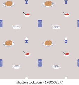A seamless breakfast pattern, a porcelain cup with a saucer, a boiled egg, a croissant on a plate and berry jam