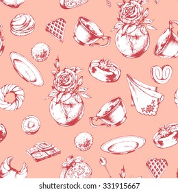Seamless breakfast  pattern with porcelain cup, baked goods and candy. Rose in vase, Croissant, Cakes, Chocolate, Candy, Waffle and Donuts, hand drawn vector illustration.