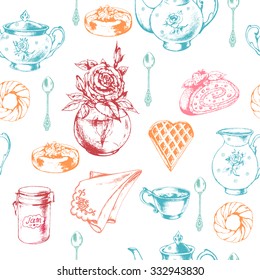 Seamless breakfast  pattern with porcelain cup,porcelain teapot, spoon, baked goods,  Rose in vase, Cakes, Waffle and Donuts, hand drawn vector illustration.