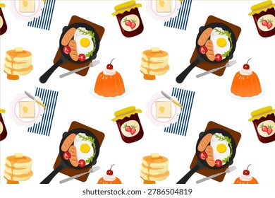 Seamless breakfast pattern with sausages eggs pancakes jam and fruit jelly on white background, colorful brunch food illustration decorative design.