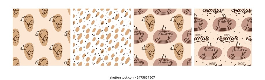 Conjunto de patrones de desayuno sin costuras. Taza de chocolate caliente y croissants. Ilustración vectorial lineal. Doodle fondos de comida y bebida para el Fondo de pantalla, envoltura, textil, scrapbooking. Impresiones de bebidas calientes.