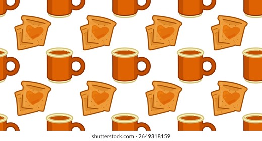 Café da manhã sem costura Toast Tea Pattern. Padrão perfeito com canecas de chá laranja de desenho animado e torradas com geleia em forma de coração. Ilustração de estilo plano em cores quentes, fundo branco.