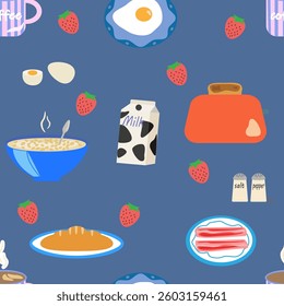 Seamless breakfast vector pattern with coffee, toaster, toast, milk, strawberries, bacon, oatmeal, baguette, fried eggs, salt and pepper on dark blue. Perfect for food packaging, fabrics, wallpapers. 
