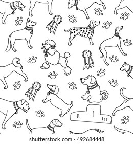 Seamless breeds dog pattern isolated on white background. Set of contour images - 2018 Chinese New Year of the dog. Vector illustration