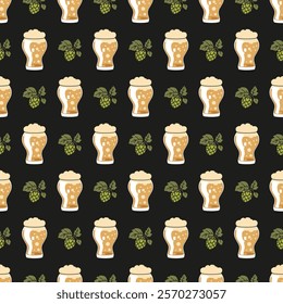 Seamless Brewing Themed Pattern with Hops and Beer. Perfect for beer lover, brewing, nature-themed designs, packaging, and creative projects.